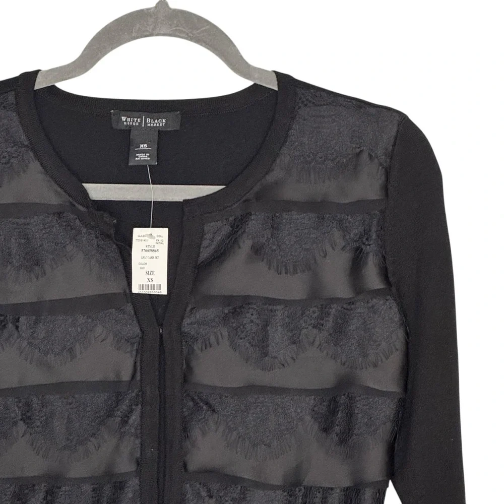NWTS WHBM Size XS Black Long Sleeve Lace Cardi Jacket w Hook/Eye Closures